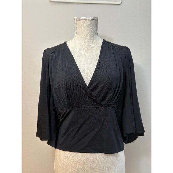 NEW Anthropologie Flutter-Sleeve Draped V-Neck Blouse Top Black Large Faux Wrap - Picture 12 of 12